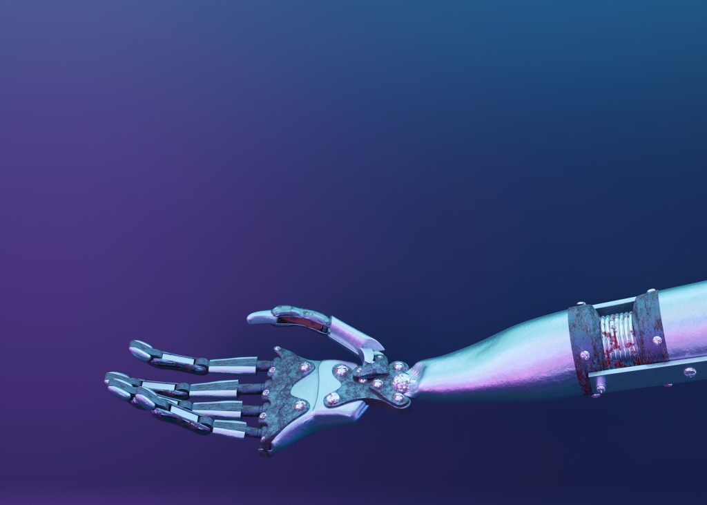 Futuristic layout with robot arm and copy space for your text. Artificial intelligence